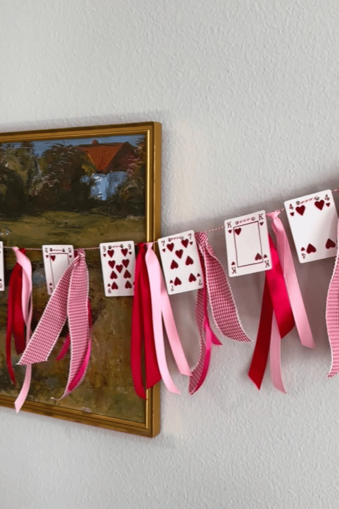 Playing card Valentine’s Day garland with pink and red ribbon