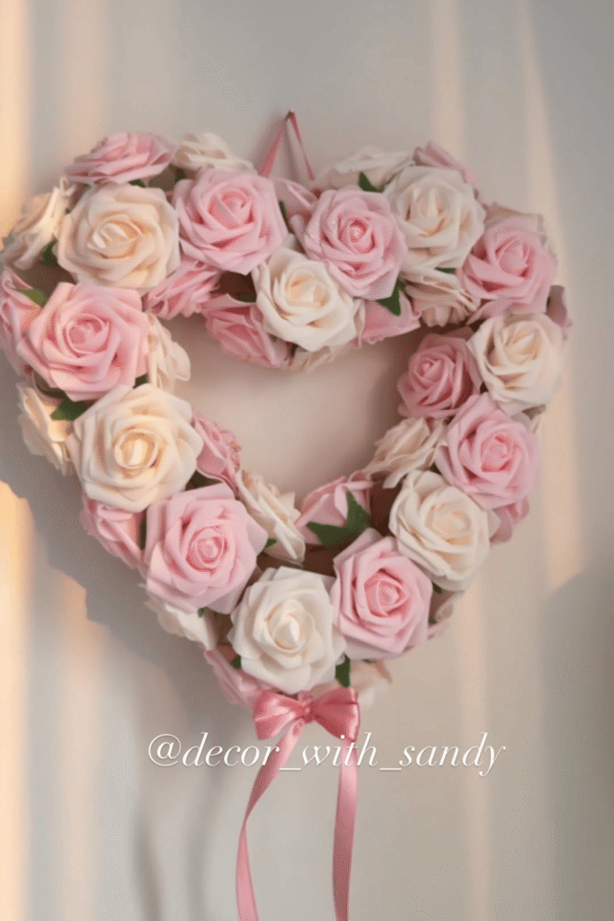Floral heart wreath in soft pink and cream for Valentine’s Day