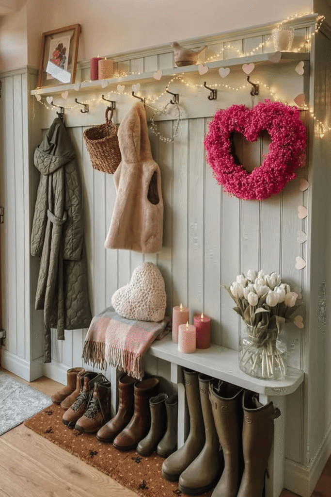 Mudroom Valentine’s Day decor with fairy lights and heart wreath