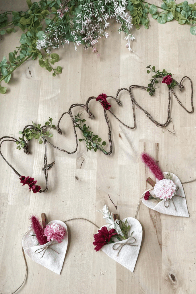 DIY Valentine’s Day heart garland made with dried flowers