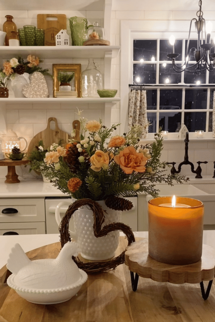 Valentine’s Day kitchen decor with heart centerpiece and candles