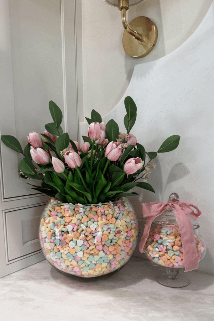 Glass jars filled with candy as Valentine’s Day decorations