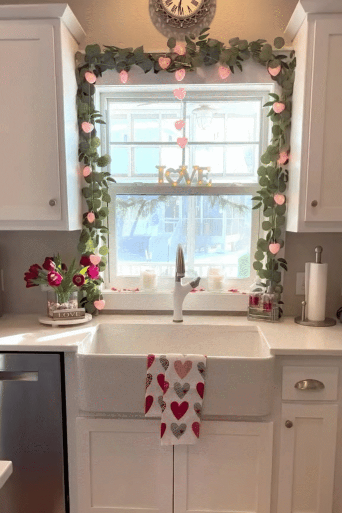 Kitchen window Valentine’s Day decor with garland and heart accents