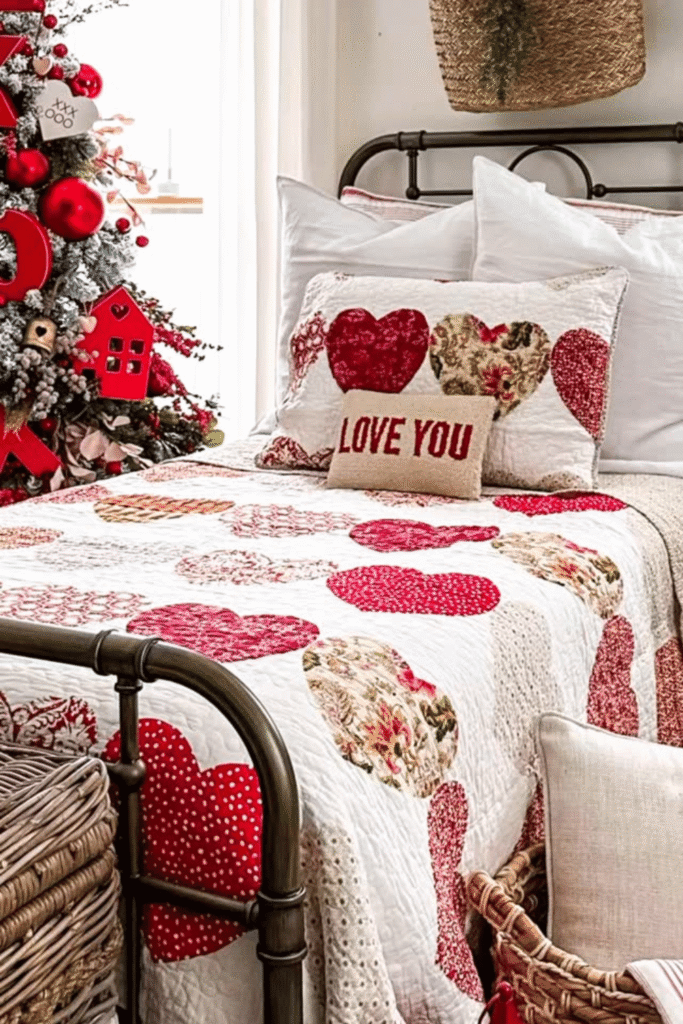 Valentine’s Day bedroom decor with heart bedding and pillows