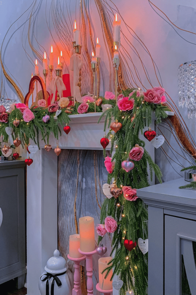 Valentine’s Day mantel decor with greenery, candles, and hanging hearts