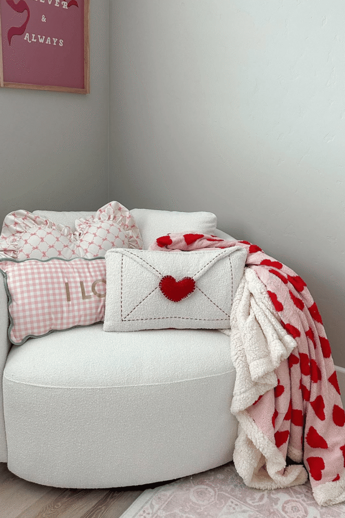 Living room Valentine’s Day decor with heart pillows and throw blanket