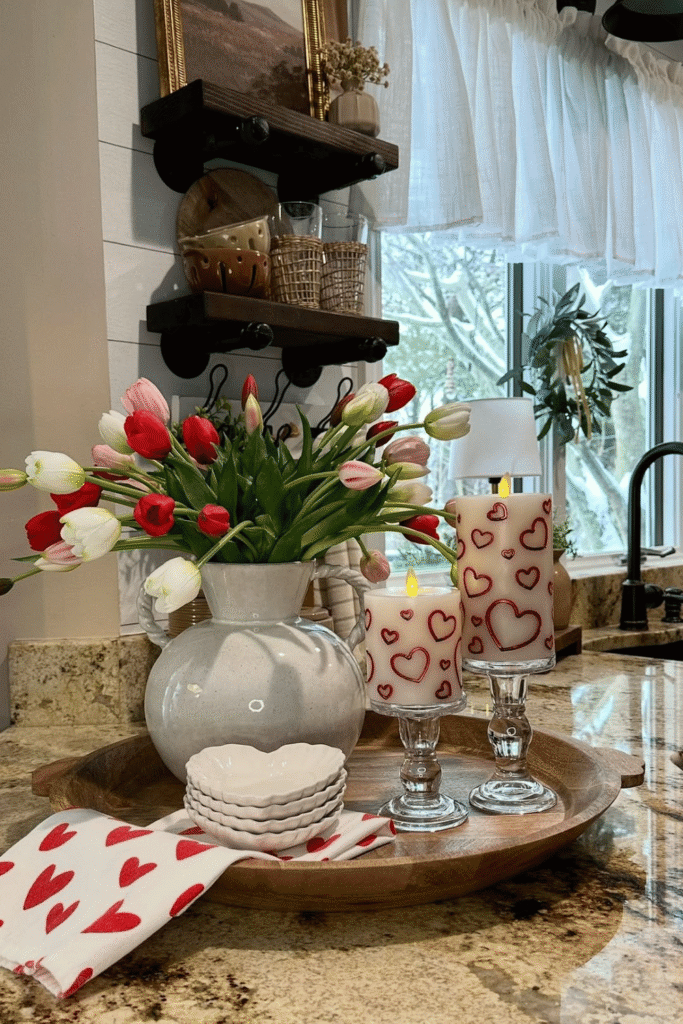 Valentine’s Day kitchen tray decor with heart candles and tulips