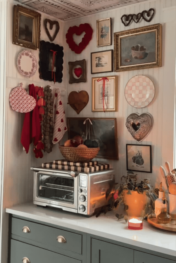 Valentine’s Day gallery wall with heart-shaped art and vintage frames
