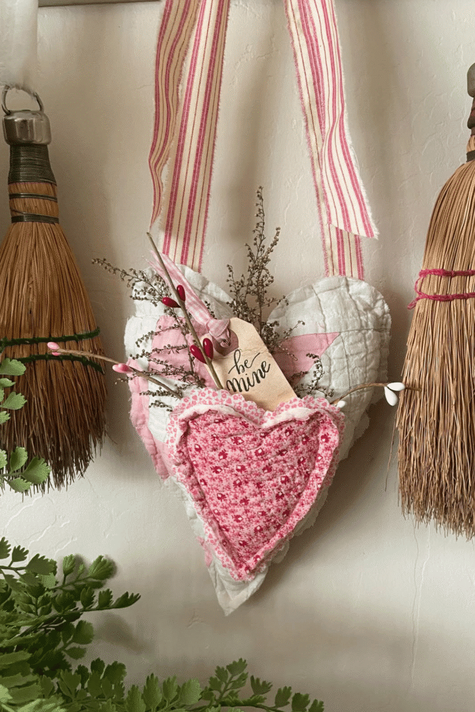 Handmade fabric heart hanging as Valentine’s Day wall decor