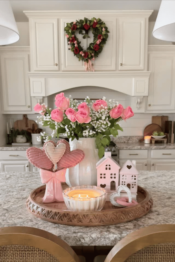 Valentine’s Day kitchen island centerpiece with flowers and candles