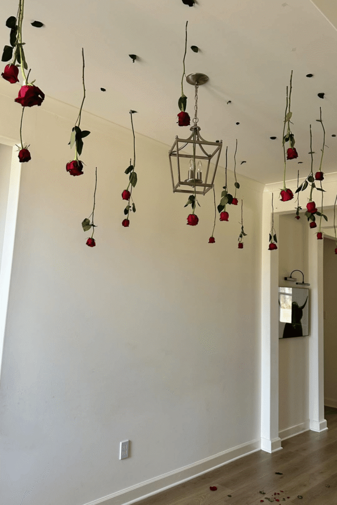Hanging red roses ceiling decoration for Valentine’s Day