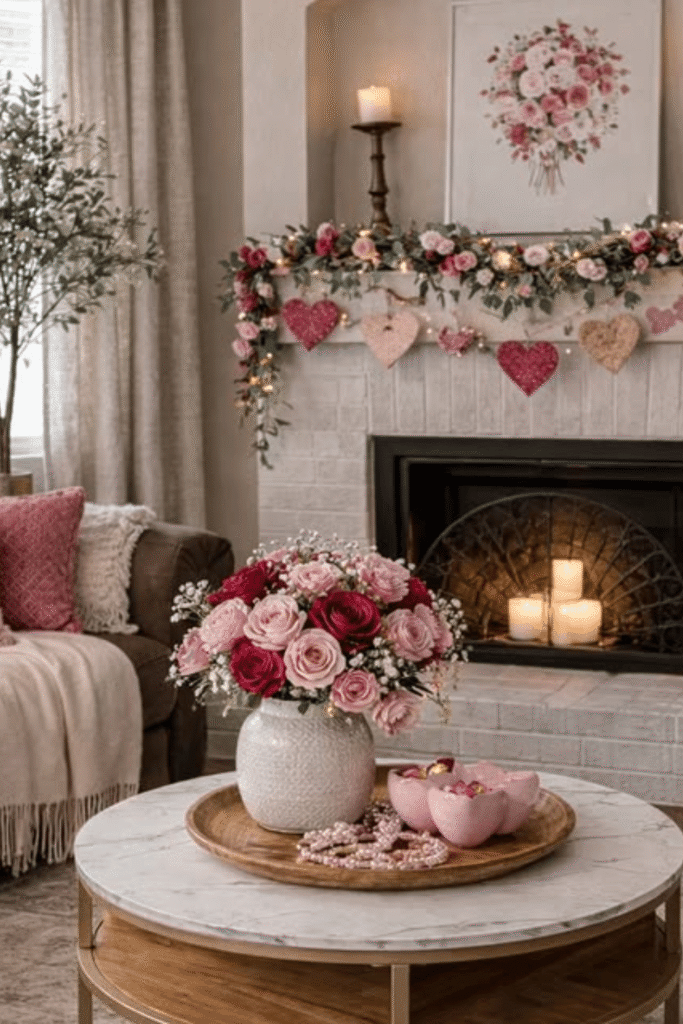Valentines day Living room mantel decorated with garland and Valentine’s Day hearts