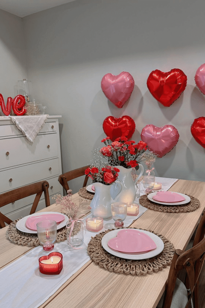 Valentine’s Day dining table with pink plates, candles, and heart balloons on the wall