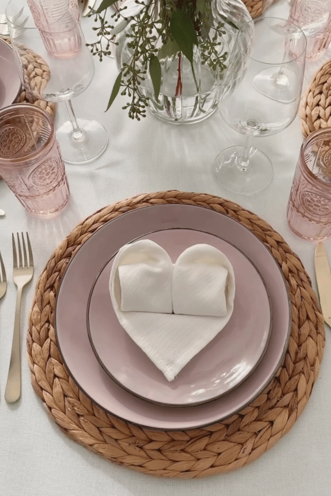 Neutral Valentine’s table setting with blush plates, woven placemats, and glassware