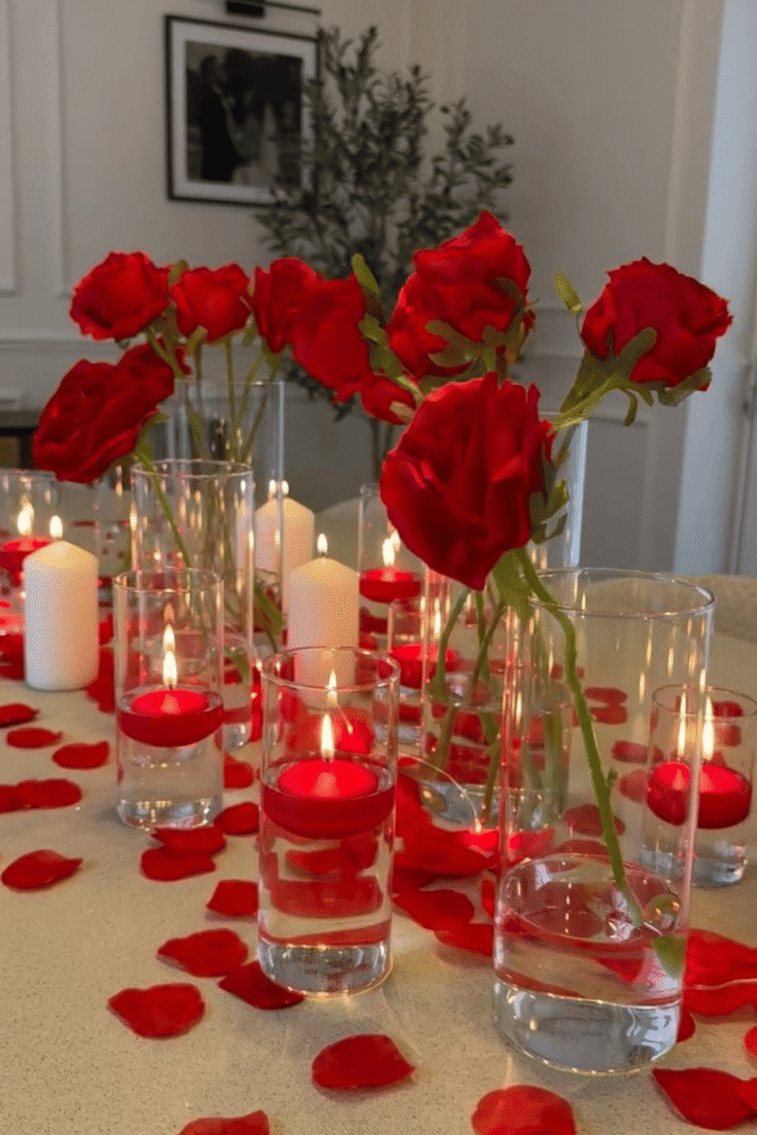 Romantic Valentine’s table with red roses in glass vases and candlelight