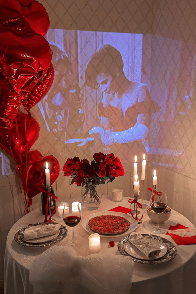 Cozy at-home Valentine’s dinner table with candles, balloons, and floral centerpiece
