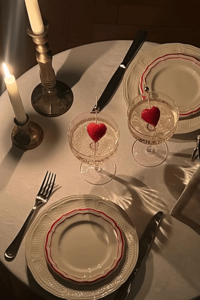 Valentine’s Day drink with heart garnish on a candlelit table