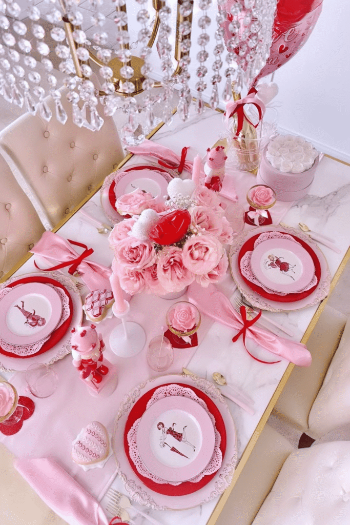 Pink Valentine’s Day table setting with heart plates, candles, and floral centerpieces