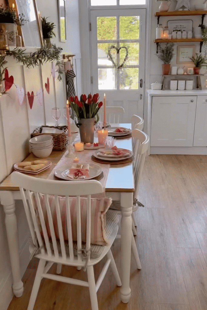 Cozy kitchen table decorated with paper hearts, candles, and simple Valentine decor