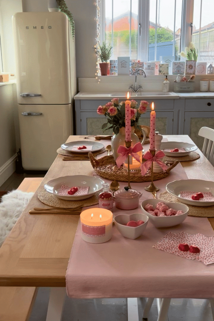 Valentine’s Day kitchen island decor with candles, pink table runner, and fresh flowers