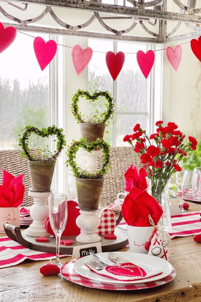 Valentine’s table with heart-themed greenery centerpieces and red floral accents
