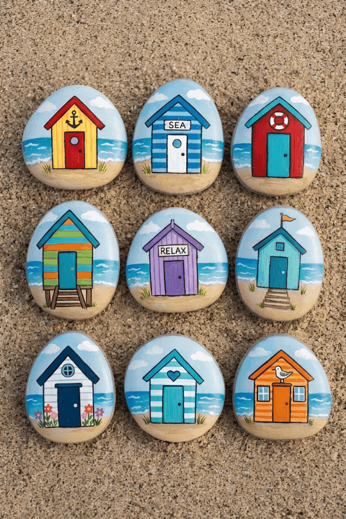 Summer rock painting ideas. Beach huts