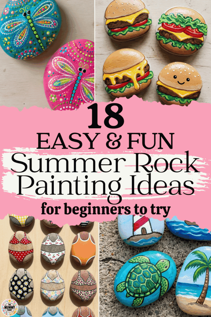 Summer rock painting ideas! These rock painting ideas for summer are a cheerful way to turn ordinary stones into colourful fruit, beach huts, ocean scenes, flowers and cute characters. Try these easy stone painting ideas with acrylic paint or paint pens for a relaxing summer craft the whole family can enjoy. The collection includes plenty of small rock painting ideas that are perfect for displaying in the garden, giving as gifts or leaving as kindness rocks.